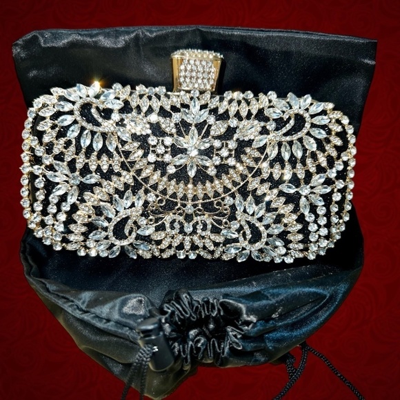 Crystal Rhinestone Embellished Black Evening Bag w/Handle & Chain Strap NWT - Picture 16 of 16